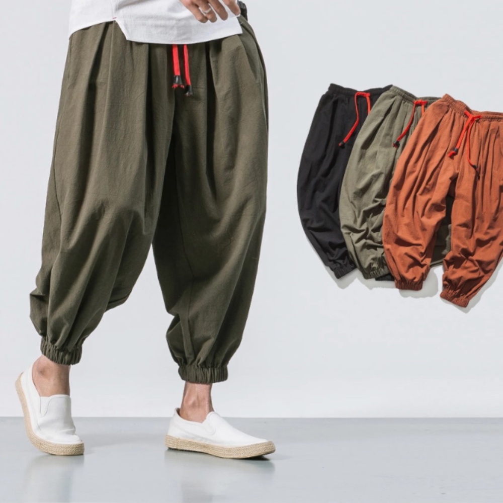 Men's loose fit harem pants large pocket stretachable comfortable linen pants